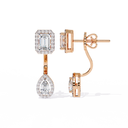 Duo Halo – Emerald & Pear Diamond Drop Earrings in 14K Gold