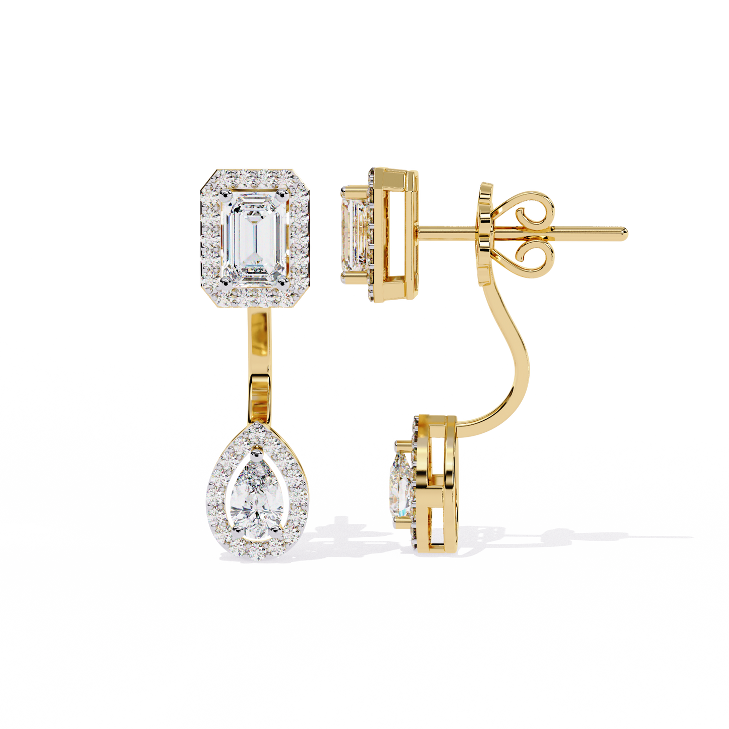 Duo Halo – Emerald & Pear Diamond Drop Earrings in 14K Gold