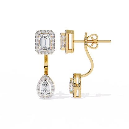 Duo Halo – Emerald & Pear Diamond Drop Earrings in 14K Gold