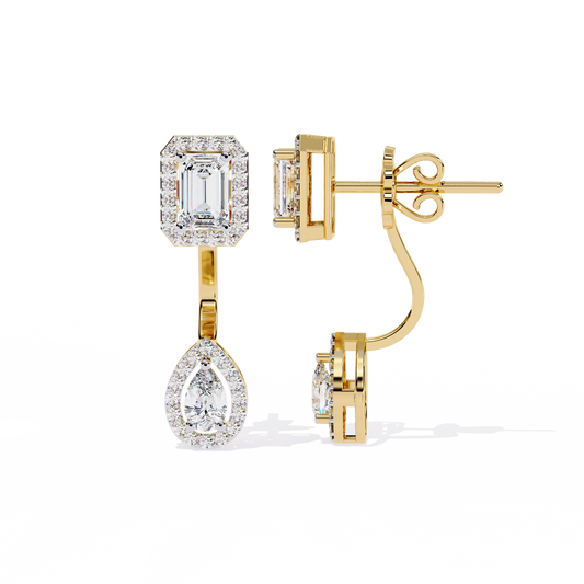 Duo Halo – Emerald & Pear Diamond Drop Earrings in 14K Gold