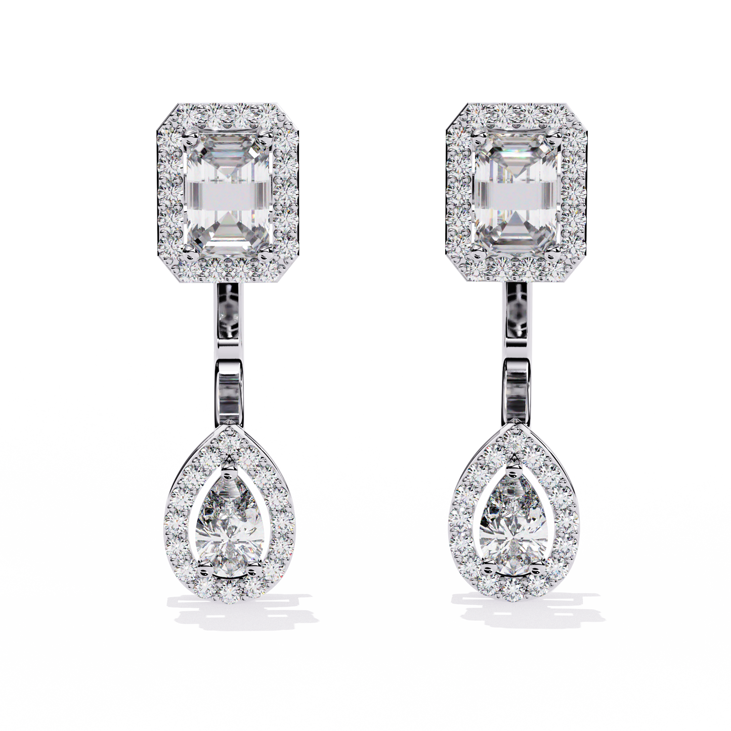 Duo Halo – Emerald & Pear Diamond Drop Earrings in 14K Gold