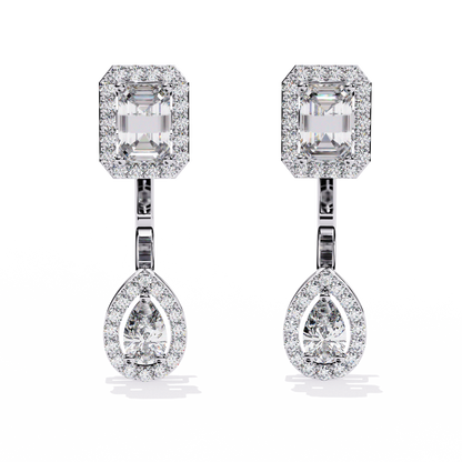 Duo Halo – Emerald & Pear Diamond Drop Earrings in 14K Gold