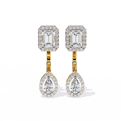 Duo Halo – Emerald & Pear Diamond Drop Earrings in 14K Gold