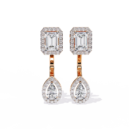 Duo Halo – Emerald & Pear Diamond Drop Earrings in 14K Gold
