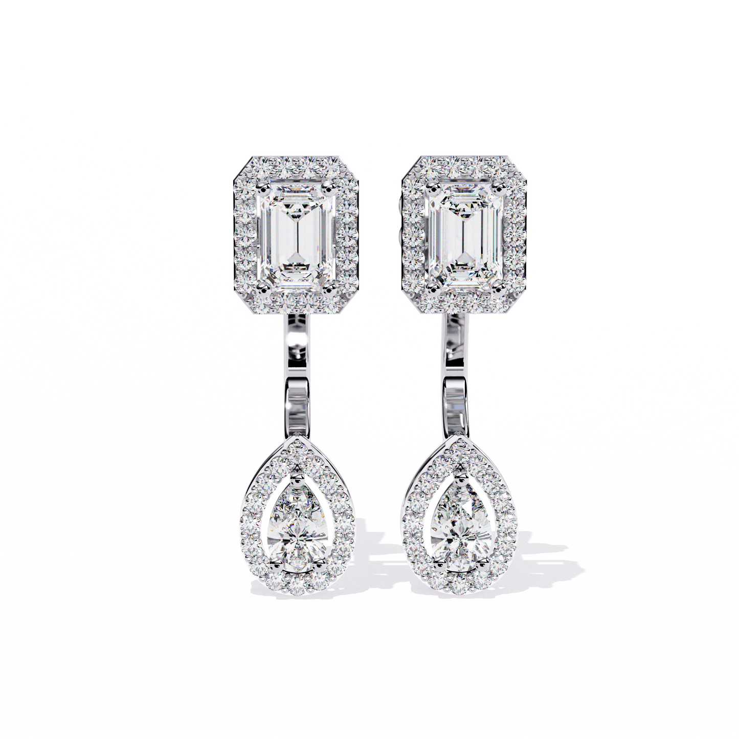 Duo Halo – Emerald & Pear Diamond Drop Earrings in 14K Gold