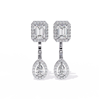 Duo Halo – Emerald & Pear Diamond Drop Earrings in 14K Gold