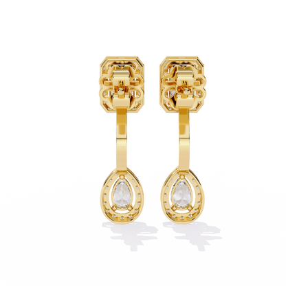Duo Halo – Emerald & Pear Diamond Drop Earrings in 14K Gold