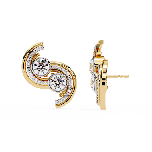 Twin Orbit – Dual Round Diamond Swirl Earrings in 14K Gold