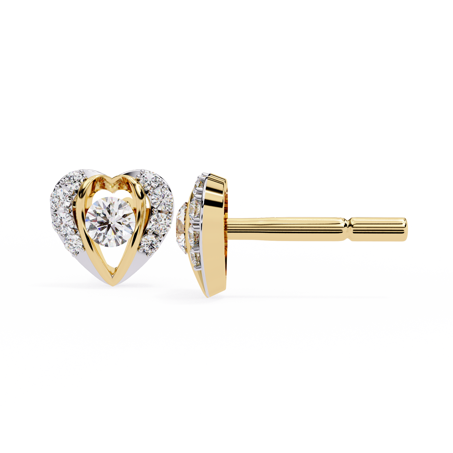 Amour Halo – Heart-Shaped Stud Earrings with Central Diamond in 14K Gold