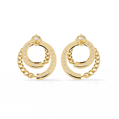 Linked Harmony – Dual-Hoop Lab Diamond Earrings with Chain Detail in 14K Gold