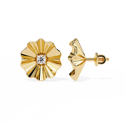 Golden Bloom – Ruffled Gold Studs with Princess Lab Diamond in 14K