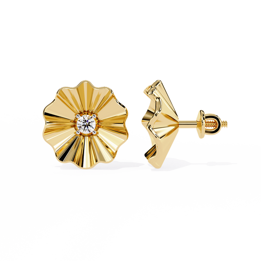 Golden Bloom – Ruffled Gold Studs with Princess Lab Diamond in 14K