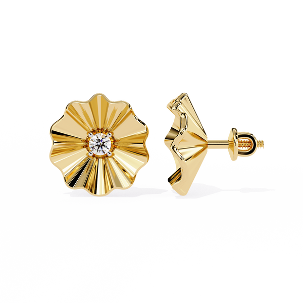 Golden Bloom – Ruffled Gold Studs with Diamond in 14K