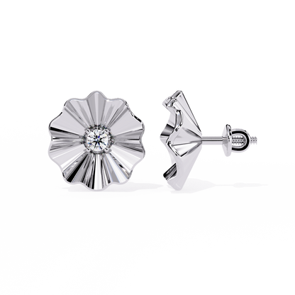 Golden Bloom – Ruffled Gold Studs with Princess Lab Diamond in 14K