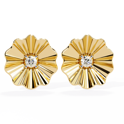 Golden Bloom – Ruffled Gold Studs with Princess Lab Diamond in 14K