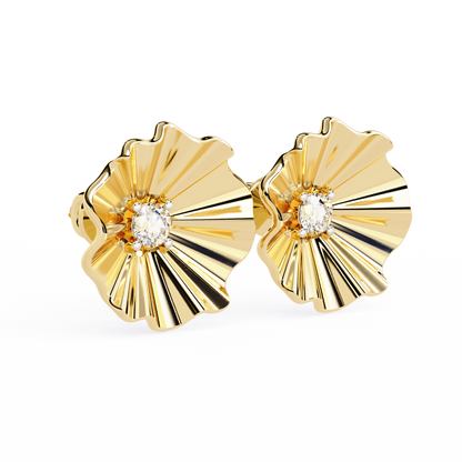 Golden Bloom – Ruffled Gold Studs with Princess Lab Diamond in 14K
