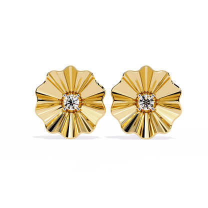 Golden Bloom – Ruffled Gold Studs with Diamond in 14K