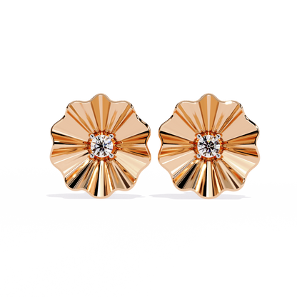 Golden Bloom – Ruffled Gold Studs with Princess Lab Diamond in 14K