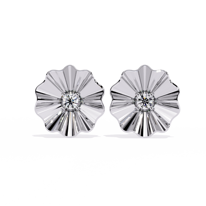 Golden Bloom – Ruffled Gold Studs with Princess Lab Diamond in 14K