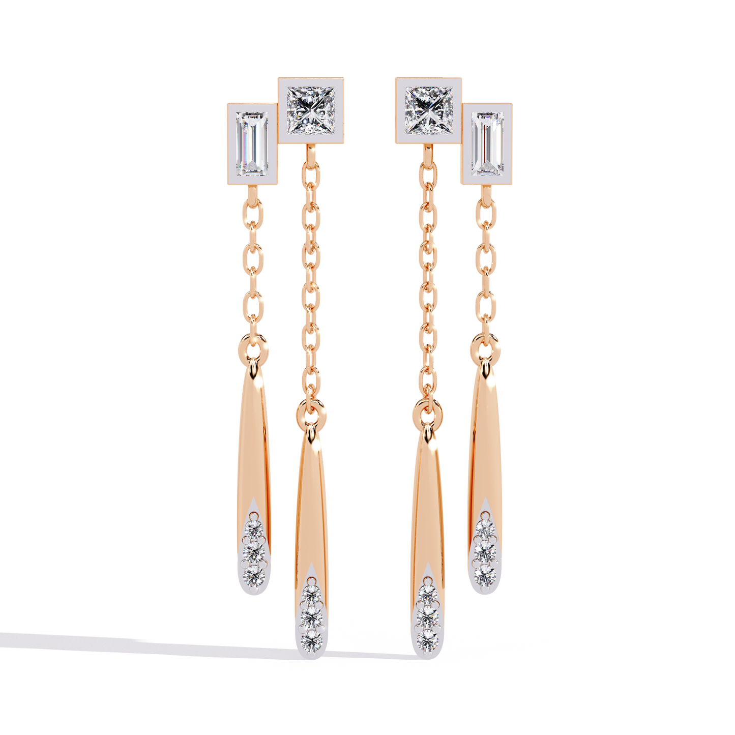 Geometric Drop – Princess & Baguette Diamond Chain Earrings in 14K Gold
