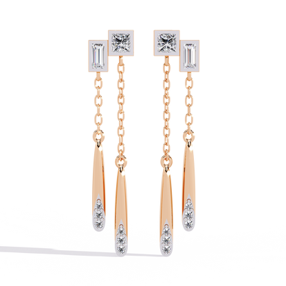Geometric Drop – Princess & Baguette Diamond Chain Earrings in 14K Gold