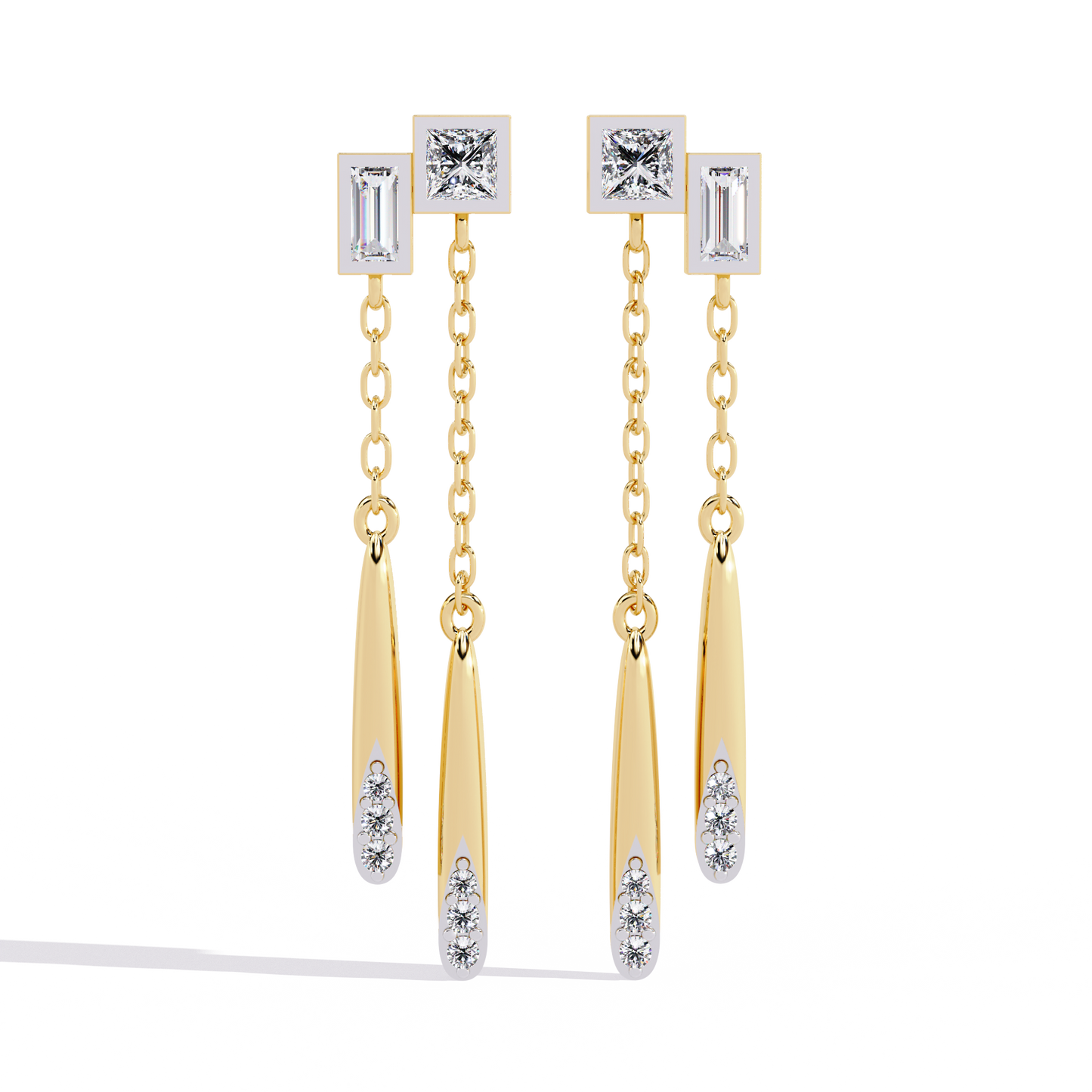 Geometric Drop – Princess & Baguette Diamond Chain Earrings in 14K Gold