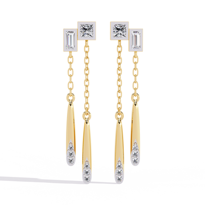 Geometric Drop – Princess & Baguette Diamond Chain Earrings in 14K Gold