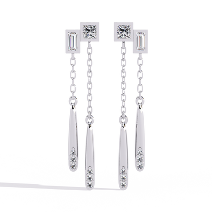 Geometric Drop – Princess & Baguette Diamond Chain Earrings in 14K Gold