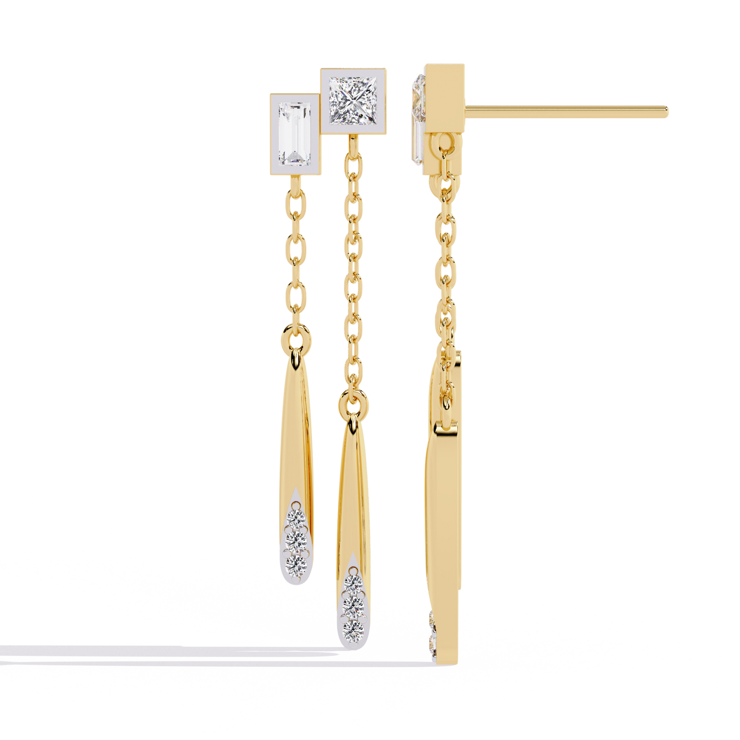 Geometric Drop – Princess & Baguette Diamond Chain Earrings in 14K Gold