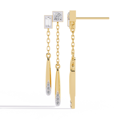 Geometric Drop – Princess & Baguette Diamond Chain Earrings in 14K Gold