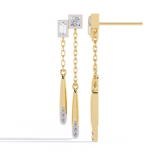 Geometric Drop – Princess & Baguette Diamond Chain Earrings in 14K Gold