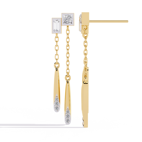 Geometric Drop – Princess & Baguette Diamond Chain Earrings in 14K Gold
