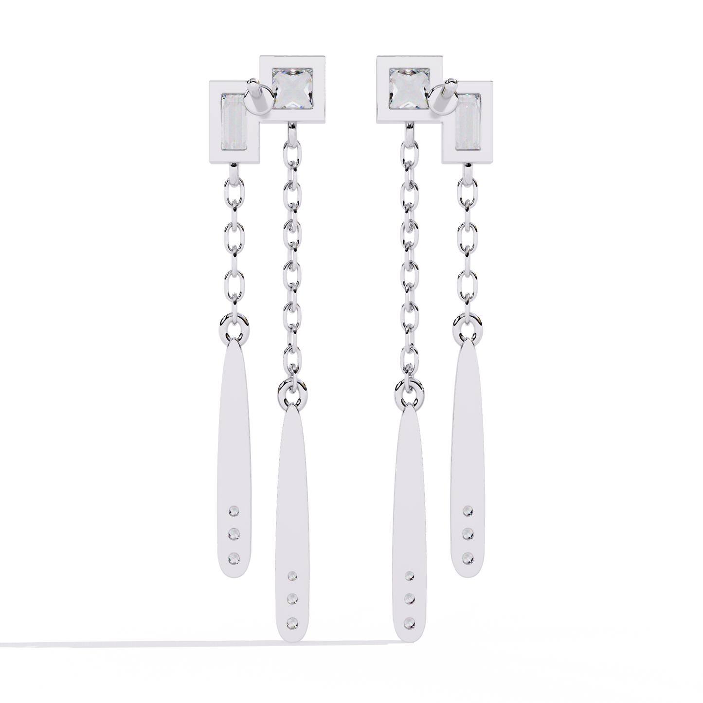 Geometric Drop – Princess & Baguette Diamond Chain Earrings in 14K Gold