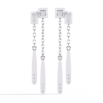 Geometric Drop – Princess & Baguette Diamond Chain Earrings in 14K Gold