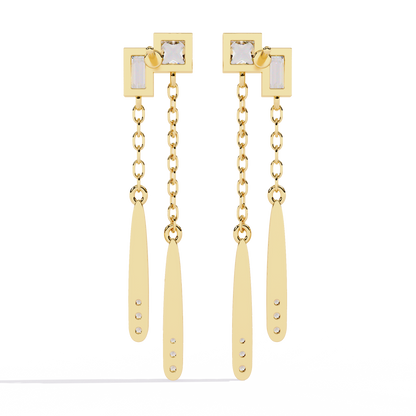 Geometric Drop – Princess & Baguette Diamond Chain Earrings in 14K Gold