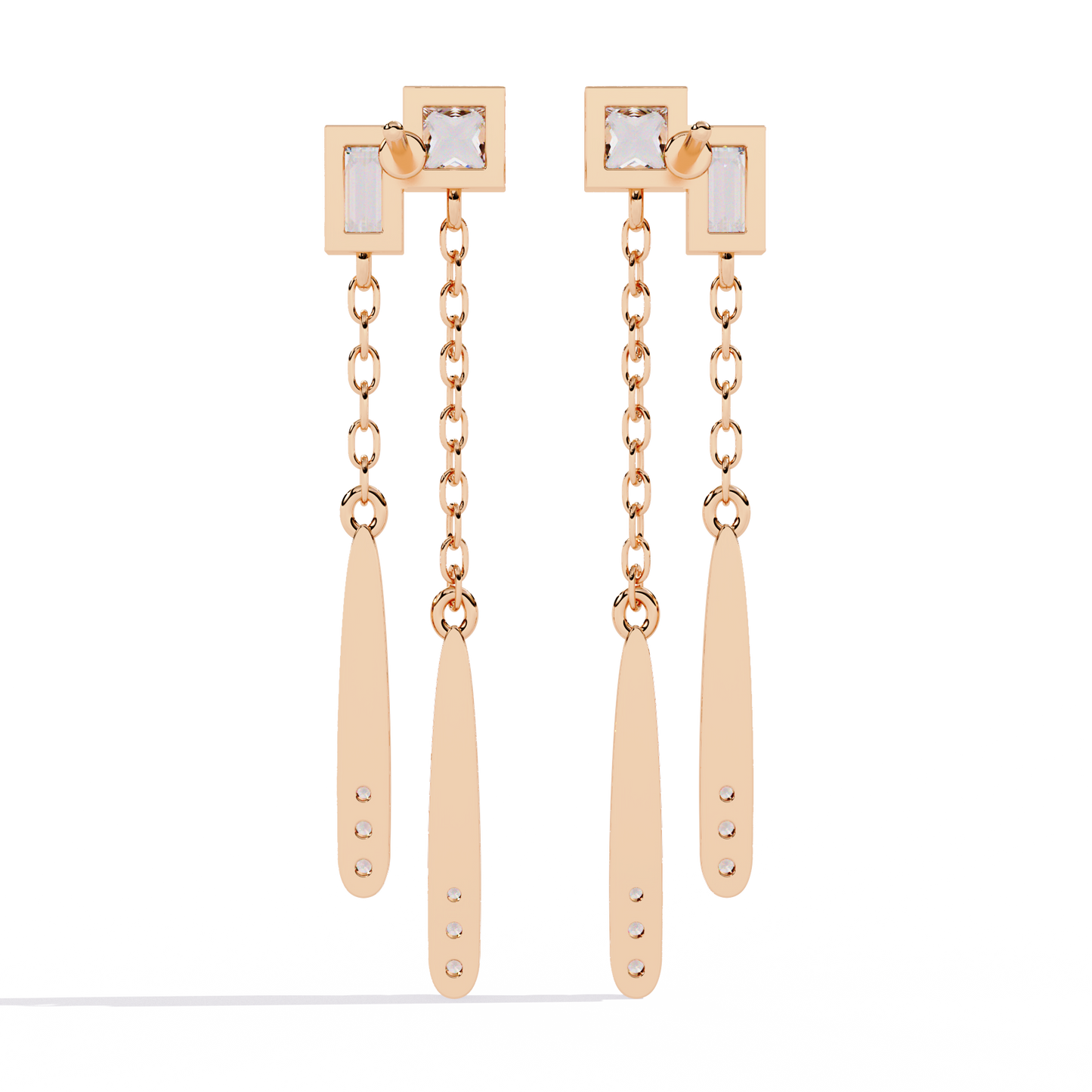 Geometric Drop – Princess & Baguette Diamond Chain Earrings in 14K Gold