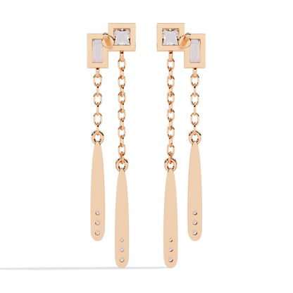 Geometric Drop – Princess & Baguette Diamond Chain Earrings in 14K Gold