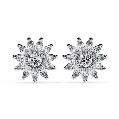 Daisy Marquise – Round & Marquise Lab Diamond Floral Stud Earrings in 14K Gold