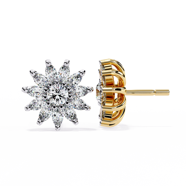 Daisy Marquise – Round & Marquise Diamond Floral Stud Earrings in 14K Gold