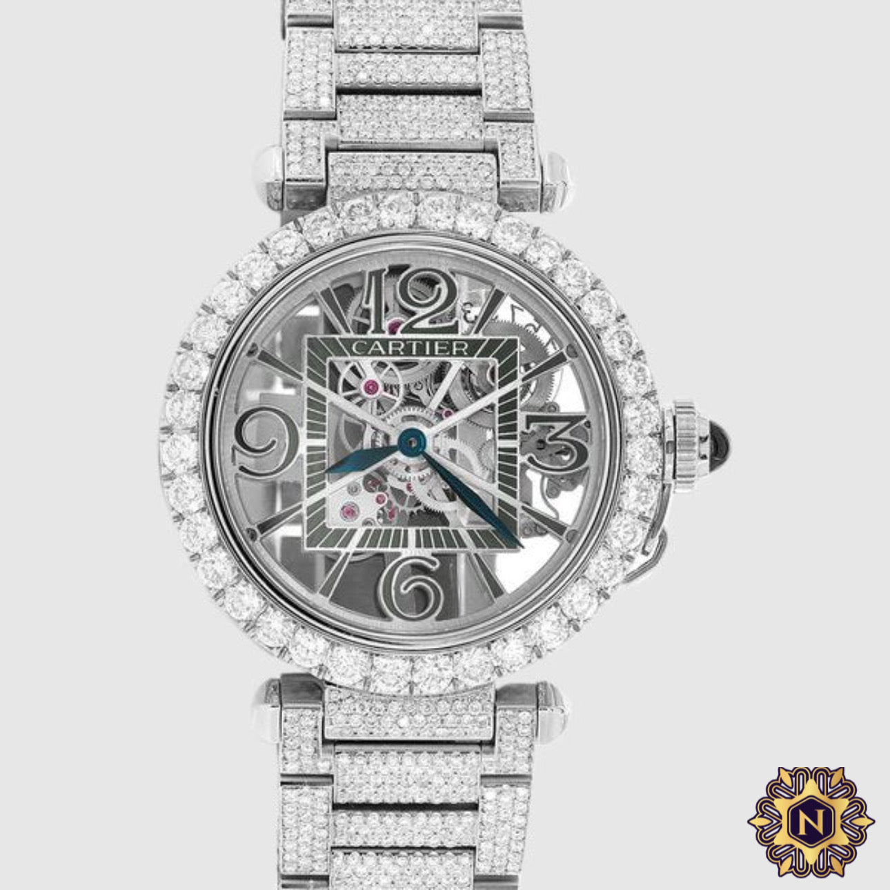 ICED OUT BALLON DE
CARTIER SKELETON
41MM STAINLESS STEEL WATCH 28.7CT.