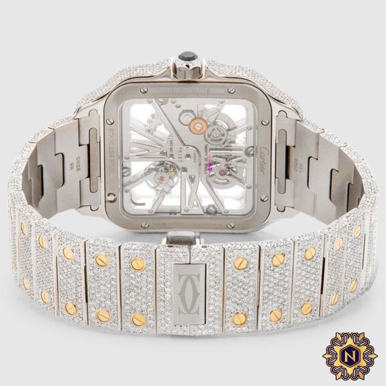 ICED OUT CARTIER
SANTOS SKELETON
40MM TWO TONE
DIAMOND WATCH 20.2CT.