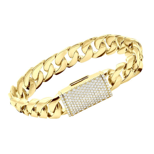 14K Yellow Gold Cuban Link Diamond Bracelet for Men | Box Clasp | 15mm Wide | 2.5ct