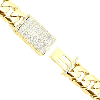 14K Yellow Gold Cuban Link Diamond Bracelet for Men | Box Clasp | 15mm Wide | 2.5ct