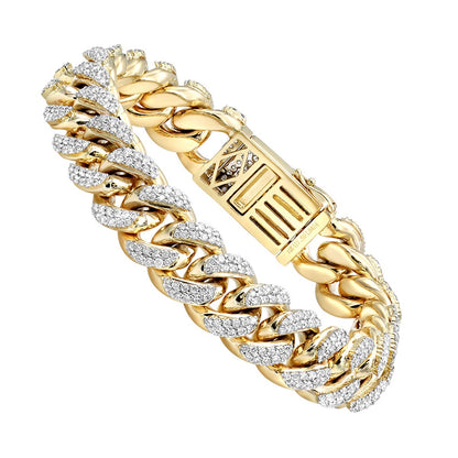 Real Diamond Miami Cuban Link Chain Bracelet For Men 10K Yellow Gold 14mm