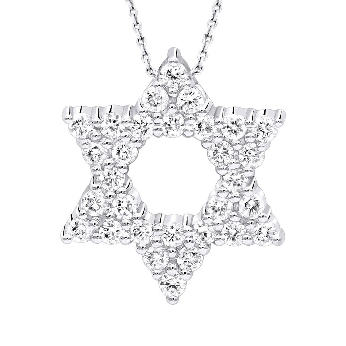 14K White Gold Pave Diamond Star of David Necklace Pendant w Chain 0.65ct