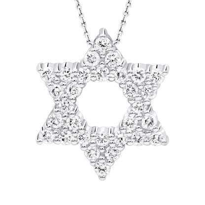 14K White Gold Pave Diamond Star of David Necklace Pendant w Chain 0.65ct