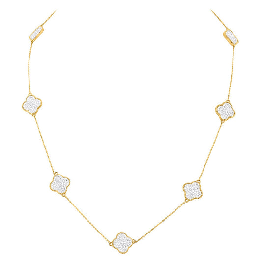 Ladies' 14K White/Yellow Gold Cable Diamond Necklace | 7 Clover Motifs | Pave Setting | 1.7ct