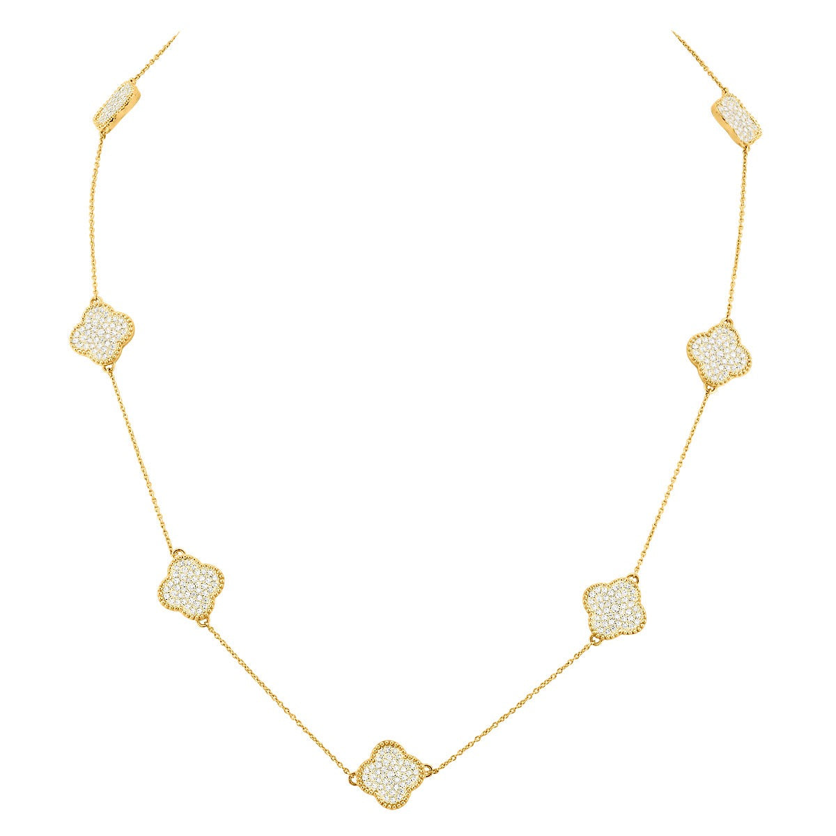 Ladies' 14K White/Yellow Gold Cable Diamond Necklace | 7 Clover Motifs | Pave Setting | 1.7ct