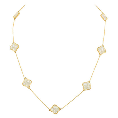 Ladies' 14K White/Yellow Gold Cable Diamond Necklace | 7 Clover Motifs | Pave Setting | 1.7ct