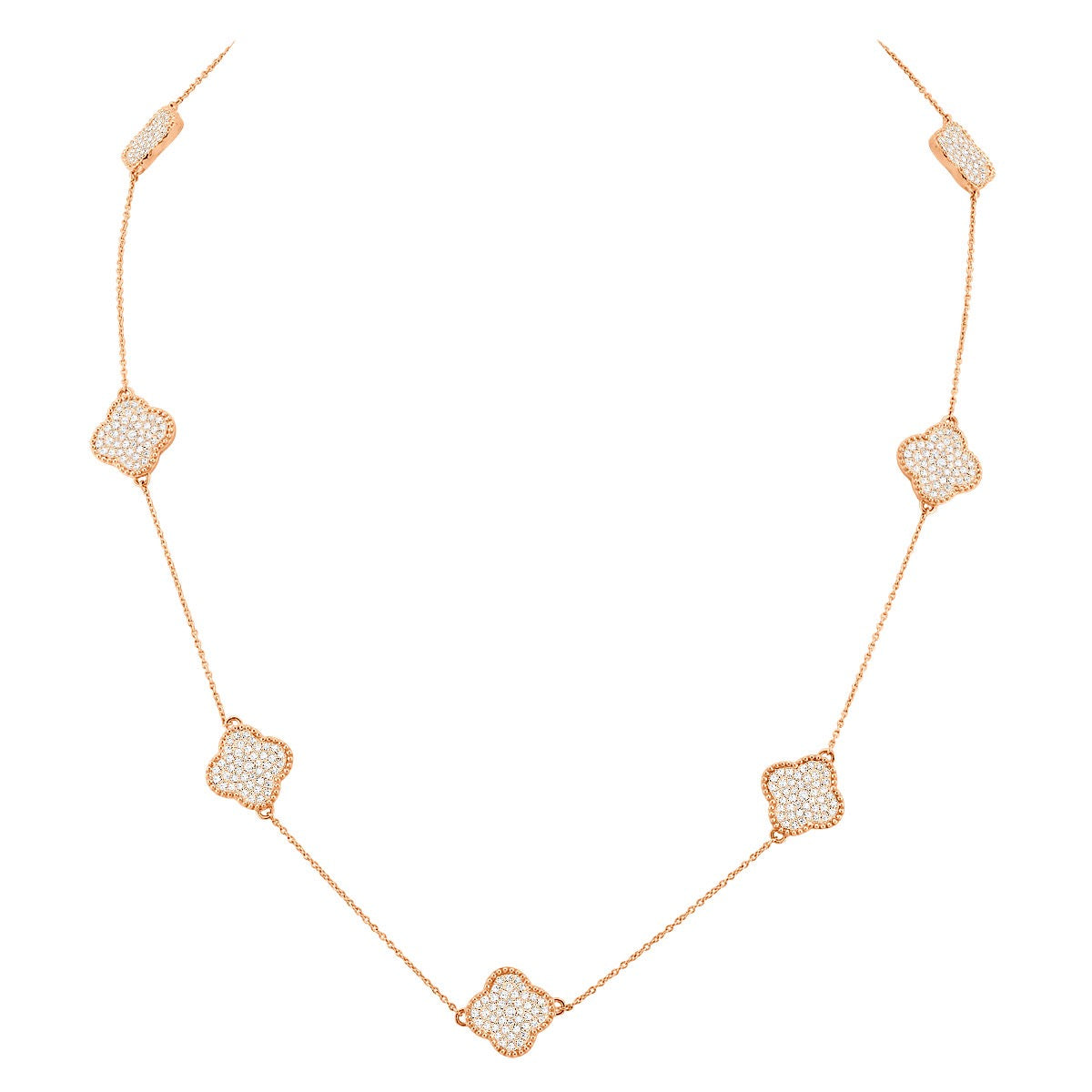 Ladies' 14K White/Yellow Gold Cable Diamond Necklace | 7 Clover Motifs | Pave Setting | 1.7ct